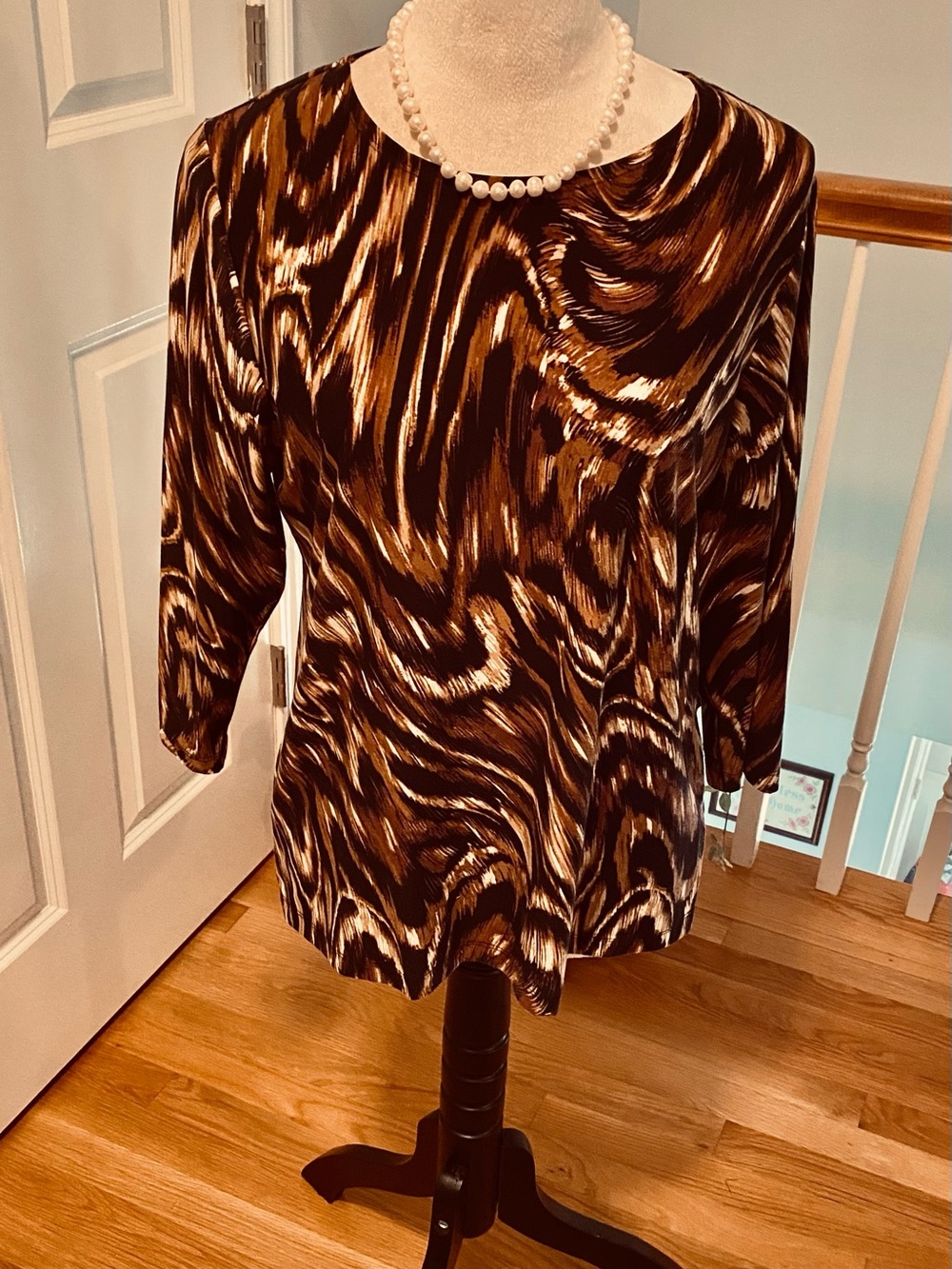 JM Collection Brown and Cream Patterned 3/4 Sleeve Top
